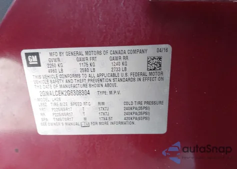 2016 Chevrolet Equinox Lt z USA, uszkodzony, nr VIN 2GNALCEK2G6308304